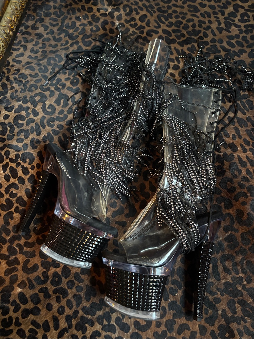 Pleaser Black Crystal Fringe Platform Heeled Sandals Mid Calf Open Toe Boots